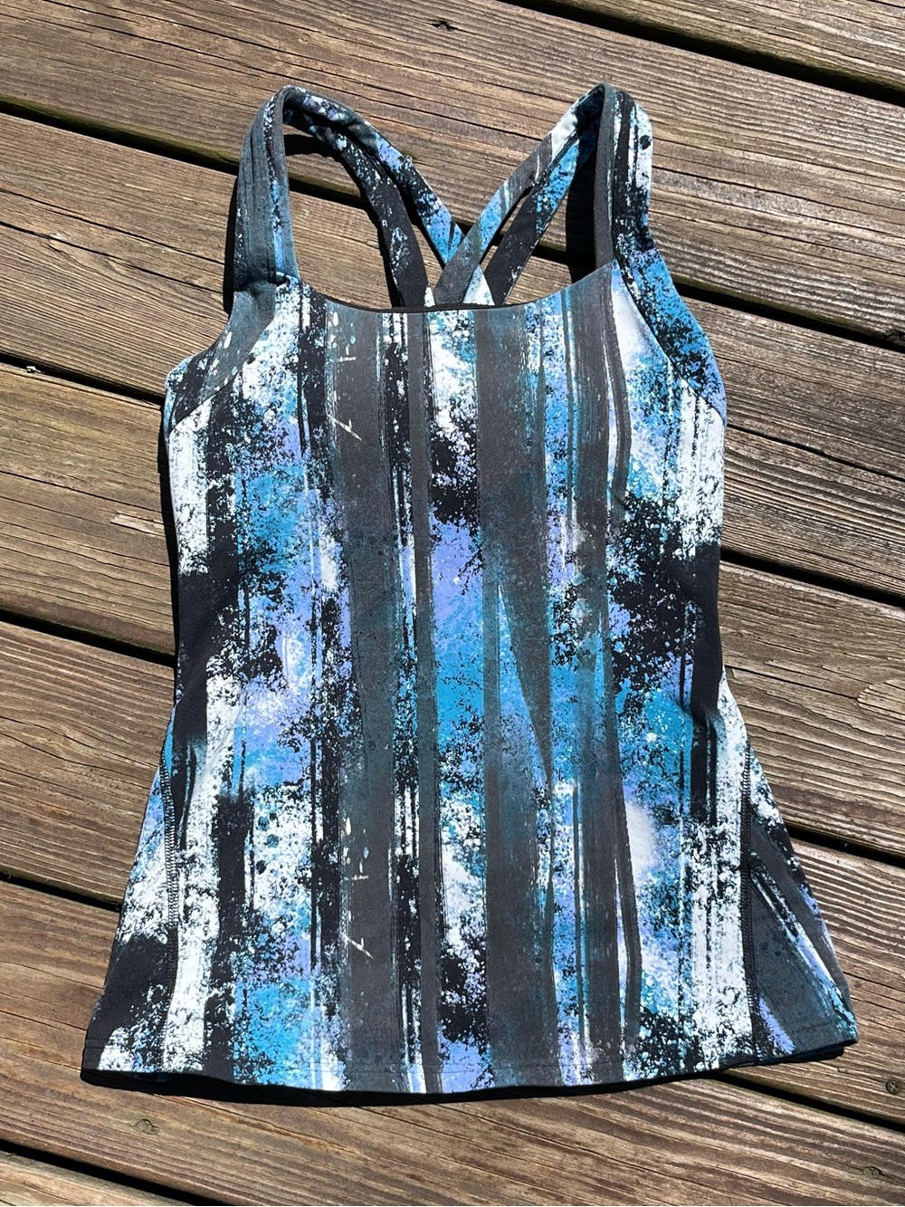 Abstract Blue & Black Striped Activity Tank - Crisscross Racerback